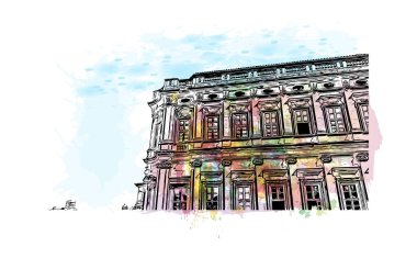 Print Building view with landmark of Perugia is the city in Italy. Vektörde elle çizilmiş resim ile suluboya sıçraması.