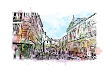 Print Building view with landmark of Perugia is the city in Italy. Vektörde elle çizilmiş resim ile suluboya sıçraması.