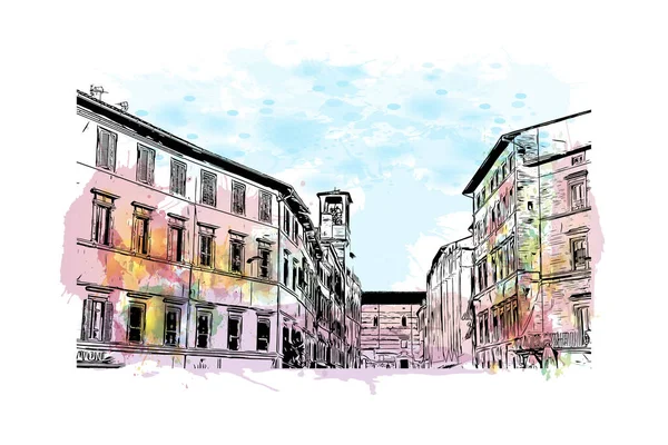 带有佩鲁贾地标的印刷建筑景观是意大利的城市 矢量手绘示意图水彩画 — 图库矢量图片