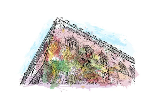 Print Building View Landmark Perugia Olaszország Városa Akvarell Splash Kézzel — Stock Vector
