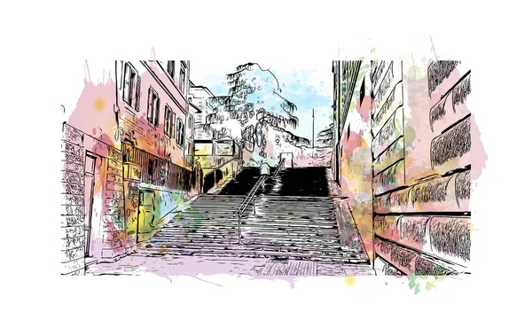 Print Byggnadsvy Med Landmärke Perugia Staden Italien Akvarell Stänk Med — Stock vektor