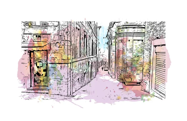 Print Building View Landmark Perugia City Italy Watercolor Splash Hand — Stock Vector