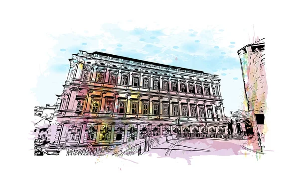 Print Building view with landmark of Perugia is the city in Italy. Vektörde elle çizilmiş resim ile suluboya sıçraması.