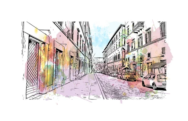 페루자의 랜드마크가 전망은 이탈리아의 도시이다 벡터에 손으로 스케치 수채화 물보라 — 스톡 벡터