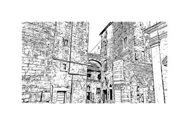 Print Building view with landmark of Perugia is the city in Italy. Vektörde elle çizilmiş çizim çizimi.