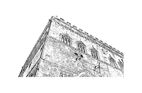 Print Building View Landmark Perugia City Italy Vektörde Elle Çizilmiş — Stok Vektör