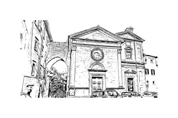 带有佩鲁贾地标的印刷建筑景观是意大利的城市 矢量手绘草图 — 图库矢量图片