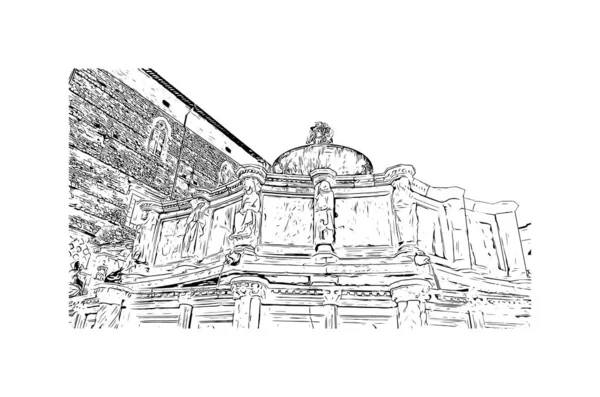 印刷ペルージャのランドマークとビルの景色はイタリアの街です 手描きのスケッチ図ベクトル — ストックベクタ