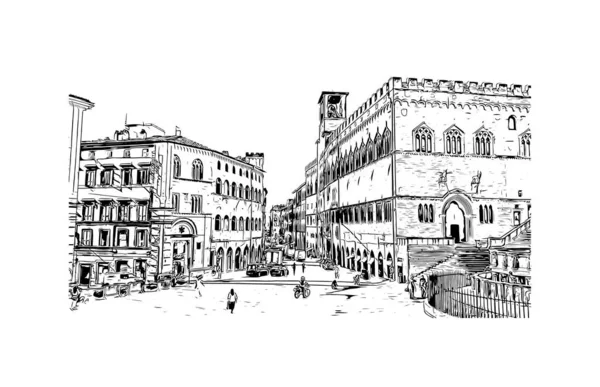 Print Building Näkymä Maamerkki Perugia Kaupunki Italiassa Käsin Piirretty Piirros — vektorikuva