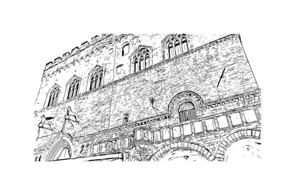 Print Building Näkymä Maamerkki Perugia Kaupunki Italiassa Käsin Piirretty Piirros — vektorikuva