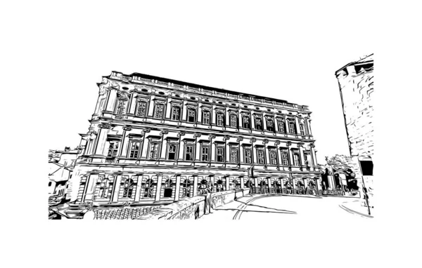 Afdrukken Gebouw Uitzicht Met Bezienswaardigheid Van Perugia Stad Italië Handgetekende — Stockvector