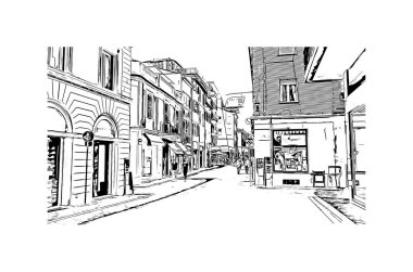 Pesaro 'nun simgesi olan Print Building view İtalya' da bir şehirdir. Vektörde elle çizilmiş çizim çizimi.