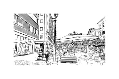 Pesaro 'nun simgesi olan Print Building view İtalya' da bir şehirdir. Vektörde elle çizilmiş çizim çizimi.