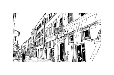 Pesaro 'nun simgesi olan Print Building view İtalya' da bir şehirdir. Vektörde elle çizilmiş çizim çizimi.