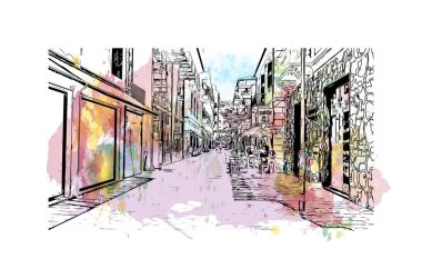 Print Building view with landmark of Pescara is the city in Italy. Vektörde elle çizilmiş resim ile suluboya sıçraması.