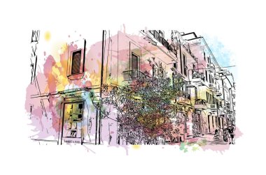 Print Building view with landmark of Pescara is the city in Italy. Vektörde elle çizilmiş resim ile suluboya sıçraması.