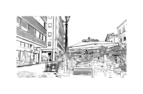 Print Building Vista Com Marco Pesaro Cidade Itália Desenho Desenhado —  Vetores de Stock