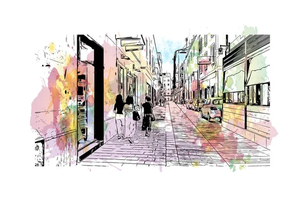 印刷ペスカーラのランドマークとビルの景色はイタリアの街です 手描きのスケッチイラストと水彩スプラッシュベクトル — ストックベクタ