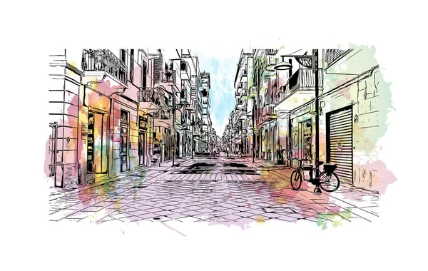 페스카라의 랜드마크가 전망은 이탈리아의 도시이다 벡터에 손으로 스케치 수채화 물보라 — 스톡 벡터