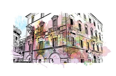 Pesaro 'nun simgesi olan Print Building view İtalya' da bir şehirdir. Vektörde elle çizilmiş resim ile suluboya sıçraması.
