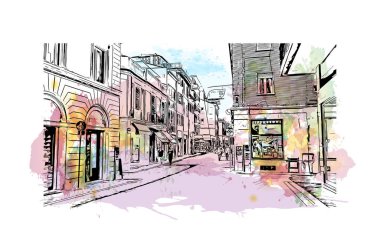 Pesaro 'nun simgesi olan Print Building view İtalya' da bir şehirdir. Vektörde elle çizilmiş resim ile suluboya sıçraması.