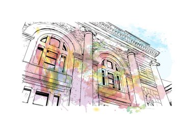 Pesaro 'nun simgesi olan Print Building view İtalya' da bir şehirdir. Vektörde elle çizilmiş resim ile suluboya sıçraması.