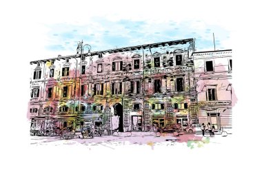 Pesaro 'nun simgesi olan Print Building view İtalya' da bir şehirdir. Vektörde elle çizilmiş resim ile suluboya sıçraması.