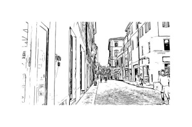 Pesaro 'nun simgesi olan Print Building view İtalya' da bir şehirdir. Vektörde elle çizilmiş çizim çizimi.