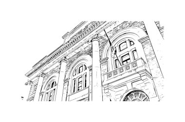 Pesaro 'nun simgesi olan Print Building view İtalya' da bir şehirdir. Vektörde elle çizilmiş çizim çizimi.