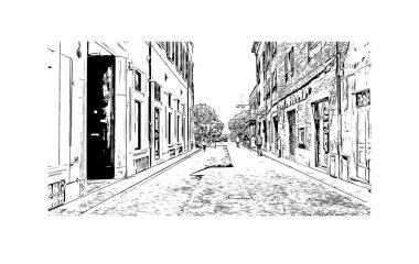 Pesaro 'nun simgesi olan Print Building view İtalya' da bir şehirdir. Vektörde elle çizilmiş çizim çizimi.