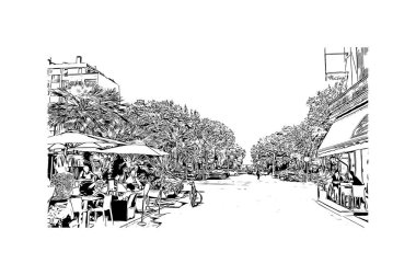 Pesaro 'nun simgesi olan Print Building view İtalya' da bir şehirdir. Vektörde elle çizilmiş çizim çizimi.