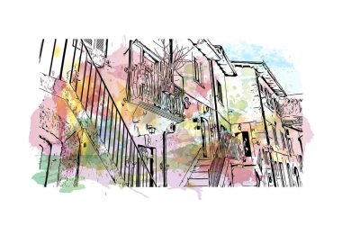 Pescasseroli, İtalya 'da bir şehirdir. Vektörde elle çizilmiş resim ile suluboya sıçraması.