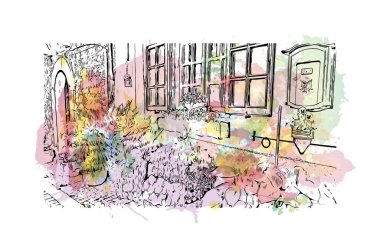 Pescasseroli, İtalya 'da bir şehirdir. Vektörde elle çizilmiş resim ile suluboya sıçraması.