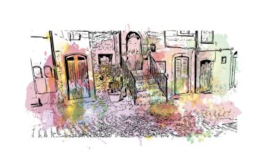 Pescasseroli, İtalya 'da bir şehirdir. Vektörde elle çizilmiş resim ile suluboya sıçraması.