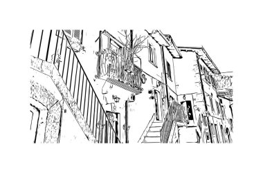 Pescasseroli, İtalya 'da bir şehirdir. Vektörde elle çizilmiş çizim çizimi.