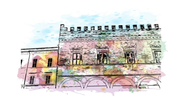 Vytisknout Pohled Budovu Orientačním Bodem Pesaro Město Itálii Akvarelové Stříknutí — Stockový vektor