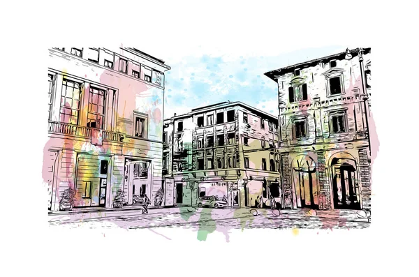 Print Building Vista Com Marco Pesaro Cidade Itália Esguicho Aquarela — Vetor de Stock