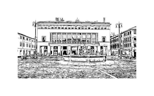 Tulosta Rakennus Näkymä Maamerkki Pesaro Kaupunki Italiassa Käsin Piirretty Piirros — vektorikuva
