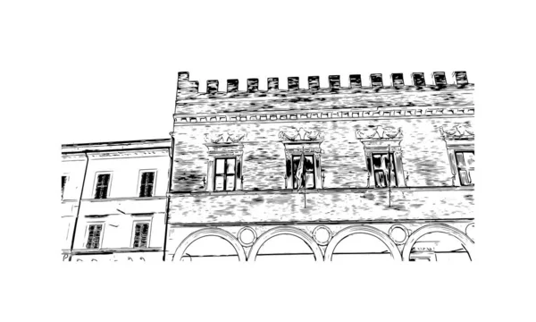 佩萨索利的标志性建筑是意大利的一个小镇 矢量手绘示意图水彩画 — 图库矢量图片