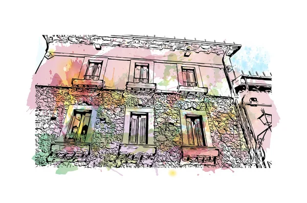 Vytisknout Pohled Budovu Orientačním Bodem Pescasseroli Město Itálii Akvarelové Stříknutí — Stockový vektor
