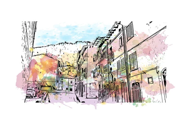 Print Building View Landmark Pescasseroli Town Italy Watercolor Splash Hand — Stock Vector