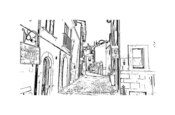 Tulosta Rakennus Näkymä Maamerkki Pescasseroli Kaupunki Italiassa Käsin Piirretty Piirros — vektorikuva