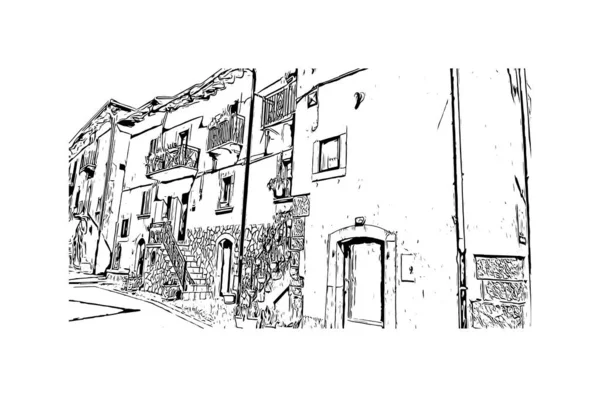 Tulosta Rakennus Näkymä Maamerkki Pescasseroli Kaupunki Italiassa Käsin Piirretty Piirros — vektorikuva