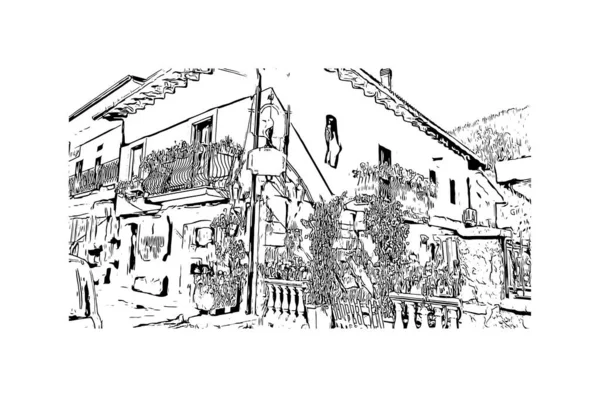 Imprimer Vue Bâtiment Avec Monument Pescasseroli Est Ville Italie Illustration — Image vectorielle