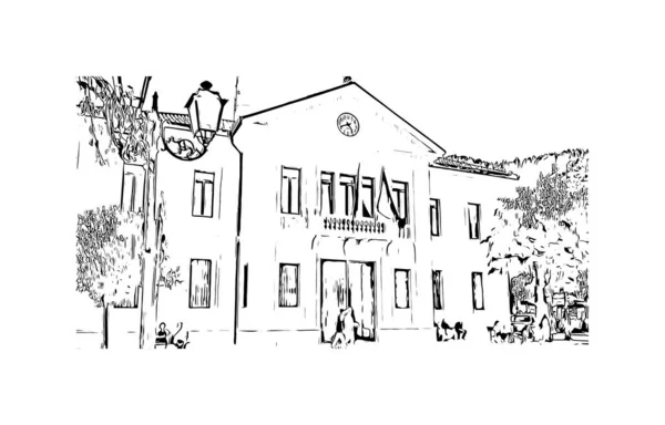 Print Building View Landmark Pescasseroli Town Italy Hand Drawn Sketch — Stock Vector
