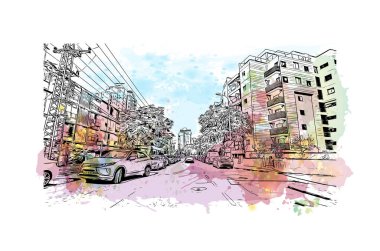 Petah Tikva, İsrail 'de yer alan bir şehirdir. Vektörde elle çizilmiş resim ile suluboya sıçraması.