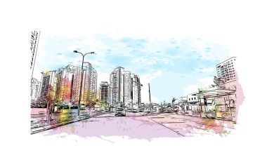 Petah Tikva, İsrail 'de yer alan bir şehirdir. Vektörde elle çizilmiş resim ile suluboya sıçraması.