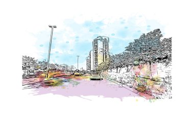 Petah Tikva, İsrail 'de yer alan bir şehirdir. Vektörde elle çizilmiş resim ile suluboya sıçraması.