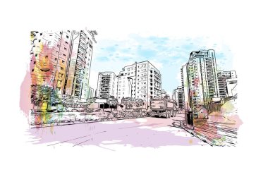Petah Tikva, İsrail 'de yer alan bir şehirdir. Vektörde elle çizilmiş resim ile suluboya sıçraması.