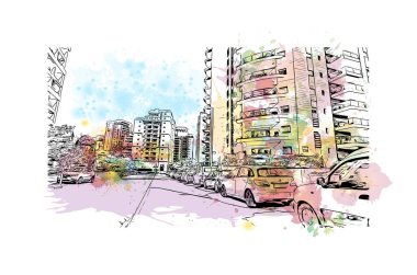 Petah Tikva, İsrail 'de yer alan bir şehirdir. Vektörde elle çizilmiş resim ile suluboya sıçraması.